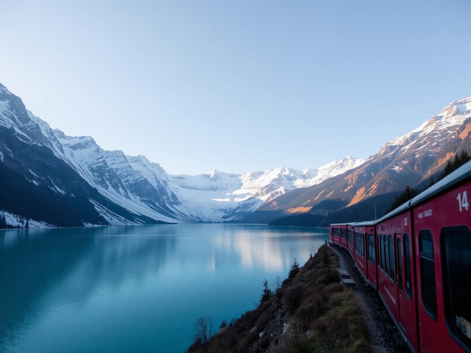 Swiss Alps and lakeside train