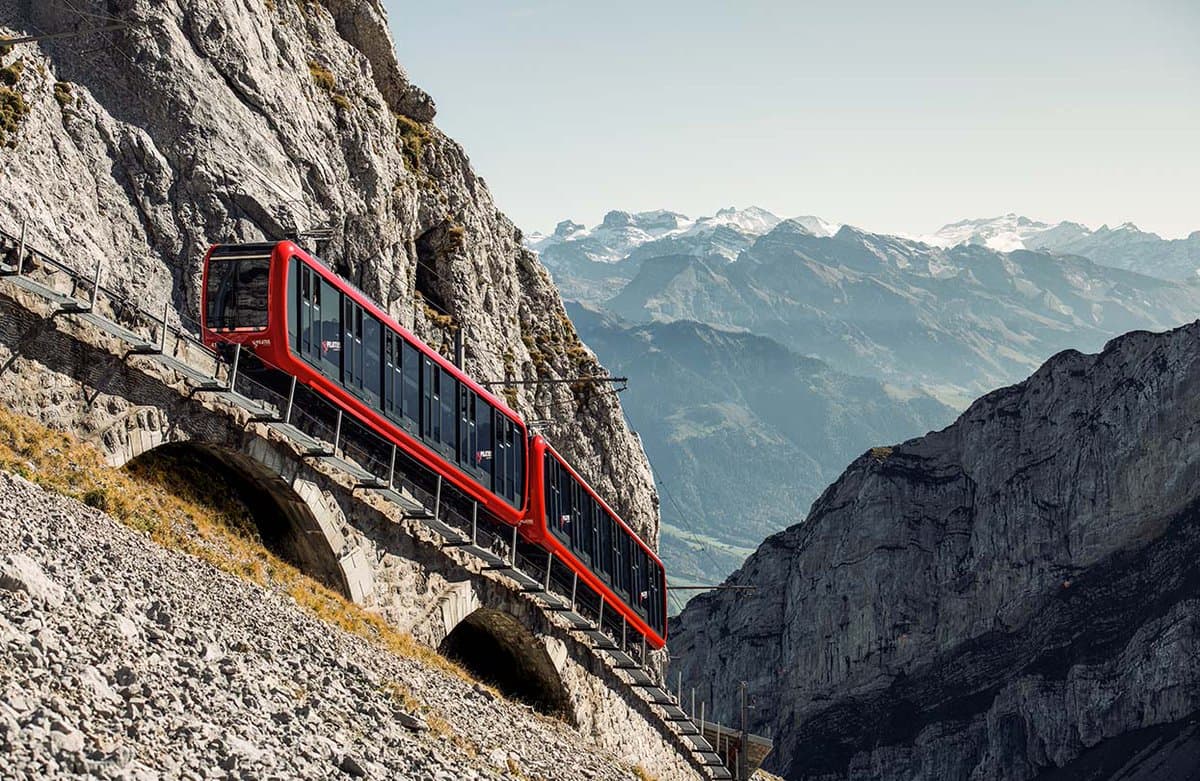 Cogwheel railway climbing the slopes of Mount Pilatus