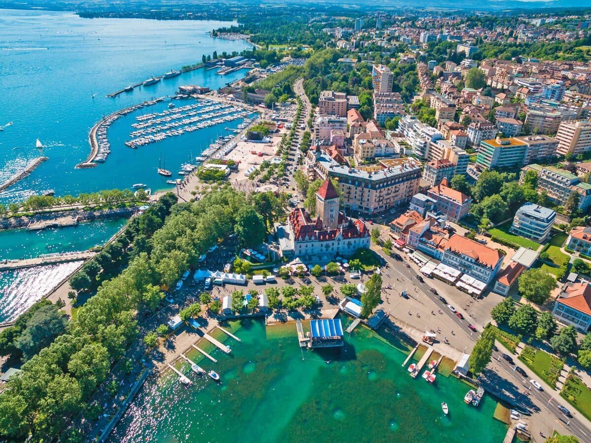 View of Lausanne old town and Lake Geneva
