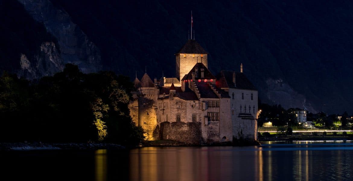 Medieval towers and courtyard of Chillon Castle